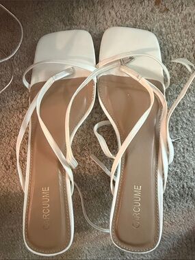 Circumé White Square-Toe Strappy Heeled Sandals